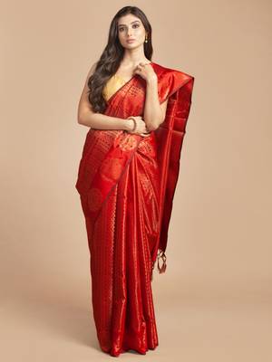 HOUSE OF BEGUM Women's Red Kubera Pattu Silk Saree With Blouse Piece 1