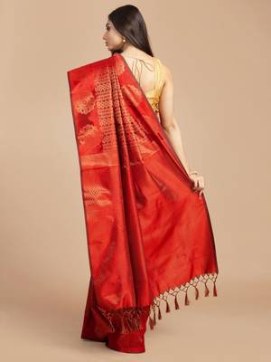 HOUSE OF BEGUM Women's Red Kubera Pattu Silk Saree With Blouse Piece 2