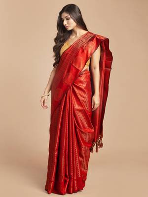 HOUSE OF BEGUM Women's Red Kubera Pattu Silk Saree With Blouse Piece 3