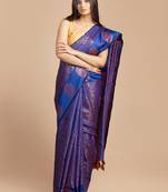 HOUSE OF BEGUM Women's Blue Kubera Pattu Silk Saree With Blouse Piece