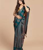 HOUSE OF BEGUM Women's Teal Kubera Pattu Silk Saree With Blouse Piece