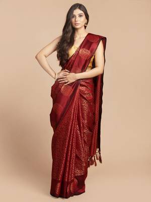 HOUSE OF BEGUM Women's Maroon Kubera Pattu Silk Saree With Blouse Piece 1