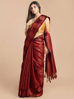 HOUSE OF BEGUM Women's Maroon Kubera Pattu Silk Saree With Blouse Piece 3