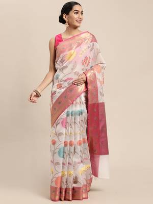 HOUSE OF BEGUM Women's White Banarasi Organza Saree With Blouse Piece 1