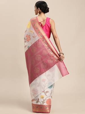 HOUSE OF BEGUM Women's White Banarasi Organza Saree With Blouse Piece 2