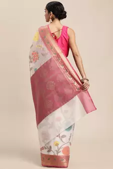 HOUSE OF BEGUM Women's White Banarasi Organza Saree With Blouse Piece