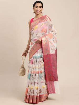 HOUSE OF BEGUM Women's White Banarasi Organza Saree With Blouse Piece 3