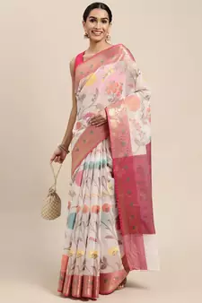 HOUSE OF BEGUM Women's White Banarasi Organza Saree With Blouse Piece