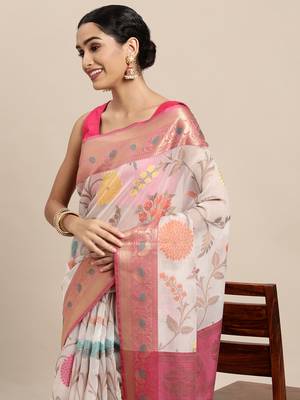 HOUSE OF BEGUM Women's White Banarasi Organza Saree With Blouse Piece 4