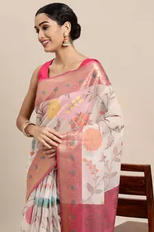 HOUSE OF BEGUM Women's White Banarasi Organza Saree With Blouse Piece