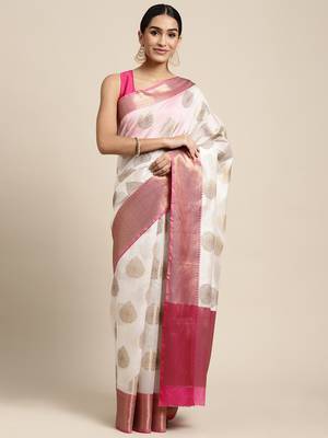 White Antique Zari Mughal Buta Banarasi silk blend Saree With Blouse Piece 1