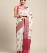 White Antique Zari Mughal Buta Banarasi silk blend Saree With Blouse Piece