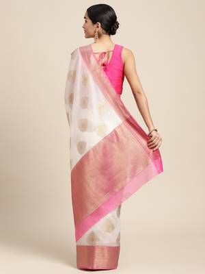 White Antique Zari Mughal Buta Banarasi silk blend Saree With Blouse Piece 2