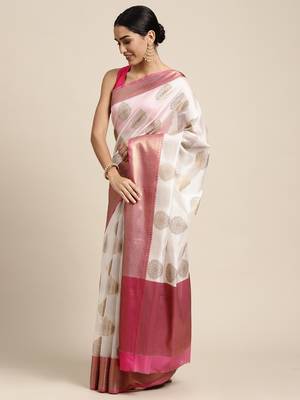 White Antique Zari Mughal Buta Banarasi silk blend Saree With Blouse Piece 3