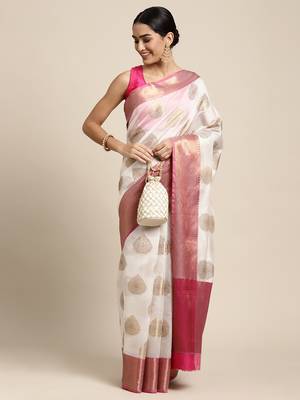 White Antique Zari Mughal Buta Banarasi silk blend Saree With Blouse Piece 4