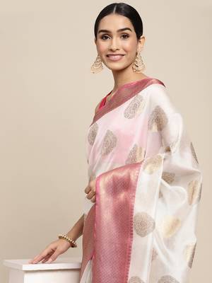 White Antique Zari Mughal Buta Banarasi silk blend Saree With Blouse Piece 5