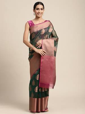 HOUSE OF BEGUM Women's Green Antique Organza Silk Saree With Blouse Piece 1