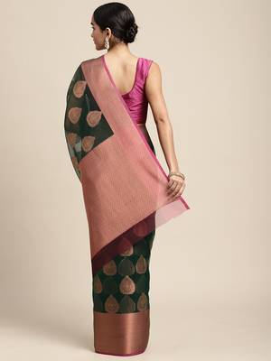 HOUSE OF BEGUM Women's Green Antique Organza Silk Saree With Blouse Piece 2