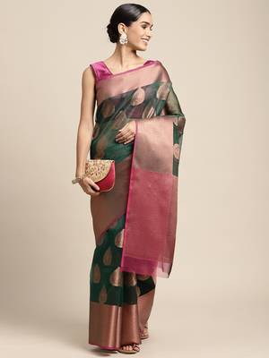 HOUSE OF BEGUM Women's Green Antique Organza Silk Saree With Blouse Piece 4