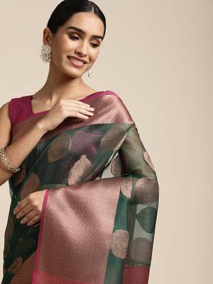 HOUSE OF BEGUM Women's Green Antique Organza Silk Saree With Blouse Piece 5