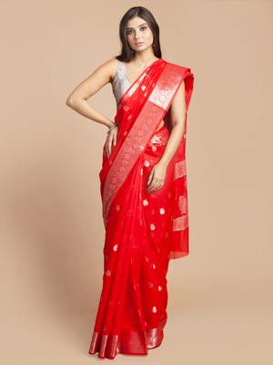 Red Jacquard Weave Silver Butti And Border Banarasi silk blend Saree with Blouse Piece 1