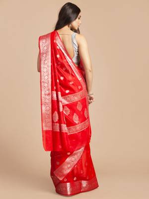 Red Jacquard Weave Silver Butti And Border Banarasi silk blend Saree with Blouse Piece 2