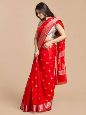 Red Jacquard Weave Silver Butti And Border Banarasi silk blend Saree with Blouse Piece 3