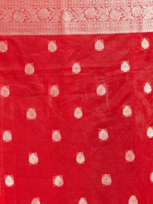 Red Jacquard Weave Silver Butti And Border Banarasi silk blend Saree with Blouse Piece 5