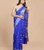 HOUSE OF BEGUM Women's Blue Jacquard Weave Silver Butti And Border Banarasi Silk Saree with Blouse Piece