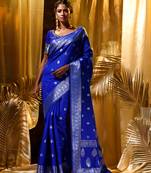HOUSE OF BEGUMs Women's Blue Banarasi Silver Buti Silk Saree with blouse piece