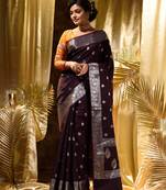 HOUSE OF BEGUMs Women's Purple Banarasi Silver Buti Silk Saree with blouse piece