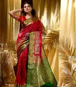 HOUSE OF BEGUMs Women's Red Banarasi Satin Silk Saree With Stone Work with blouse piece