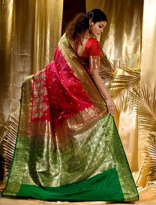 HOUSE OF BEGUMs Women's Red Banarasi Satin Silk Saree With Stone Work with blouse piece 2