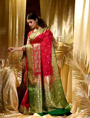 HOUSE OF BEGUMs Women's Red Banarasi Satin Silk Saree With Stone Work with blouse piece 3