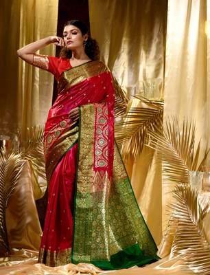 HOUSE OF BEGUMs Women's Red Banarasi Satin Silk Saree With Stone Work with blouse piece 4
