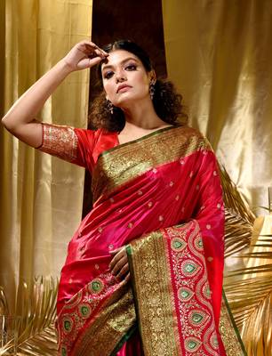 HOUSE OF BEGUMs Women's Red Banarasi Satin Silk Saree With Stone Work with blouse piece 5