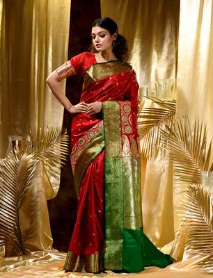 HOUSE OF BEGUMs Women's Red Banarasi Satin Silk Saree With Stone Work with blouse piece 1