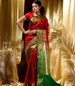 HOUSE OF BEGUMs Women's Red Banarasi Satin Silk Saree With Stone Work with blouse piece