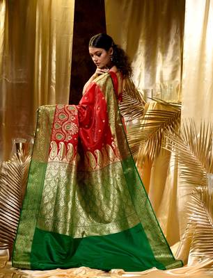 HOUSE OF BEGUMs Women's Red Banarasi Satin Silk Saree With Stone Work with blouse piece 2