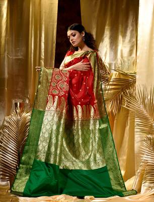 HOUSE OF BEGUMs Women's Red Banarasi Satin Silk Saree With Stone Work with blouse piece 3