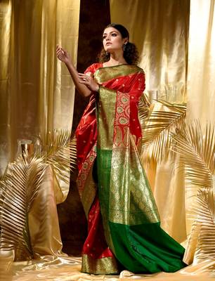 HOUSE OF BEGUMs Women's Red Banarasi Satin Silk Saree With Stone Work with blouse piece 4