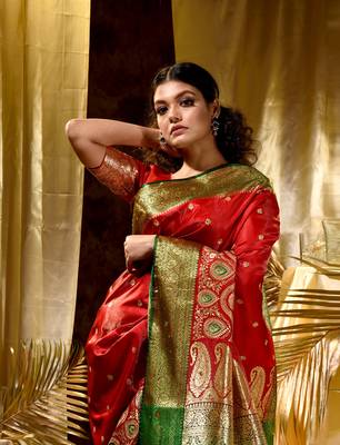 HOUSE OF BEGUMs Women's Red Banarasi Satin Silk Saree With Stone Work with blouse piece 5