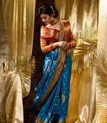 HOUSE OF BEGUMs Women's Light Blue Banarasi Satin Silk Saree With Stone Work with blouse piece