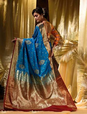 HOUSE OF BEGUMs Women's Light Blue Banarasi Satin Silk Saree With Stone Work with blouse piece 2