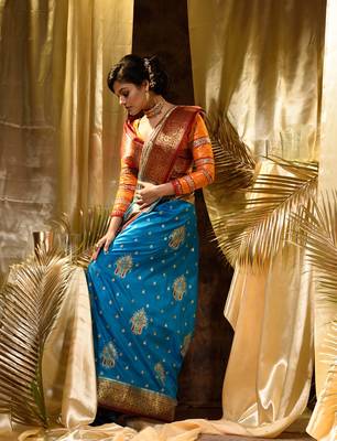 HOUSE OF BEGUMs Women's Light Blue Banarasi Satin Silk Saree With Stone Work with blouse piece 3