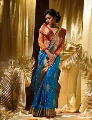HOUSE OF BEGUMs Women's Light Blue Banarasi Satin Silk Saree With Stone Work with blouse piece 4
