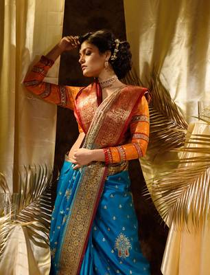 HOUSE OF BEGUMs Women's Light Blue Banarasi Satin Silk Saree With Stone Work with blouse piece 5