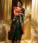 HOUSE OF BEGUMs Women's Green Banarasi Satin Silk Saree With Stone Work with blouse piece