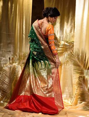 HOUSE OF BEGUMs Women's Green Banarasi Satin Silk Saree With Stone Work with blouse piece 2