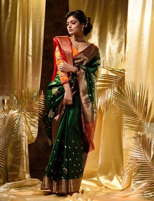 HOUSE OF BEGUMs Women's Green Banarasi Satin Silk Saree With Stone Work with blouse piece 4